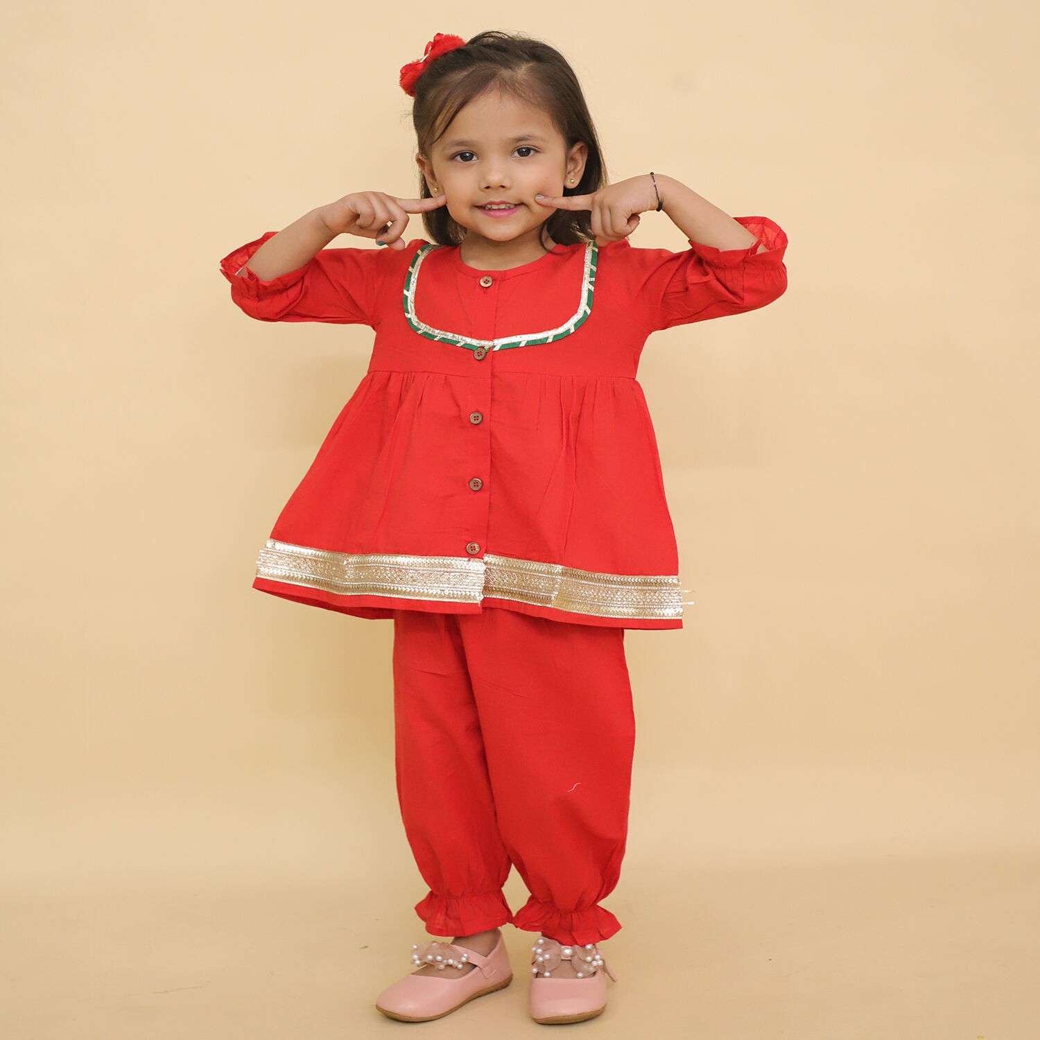 Red Peplum Top and Palazzos with Lace Trim Set Image