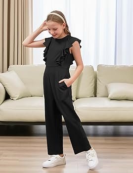 Girls Black Ruffle Flutter Sleeve Jumpsuit Image