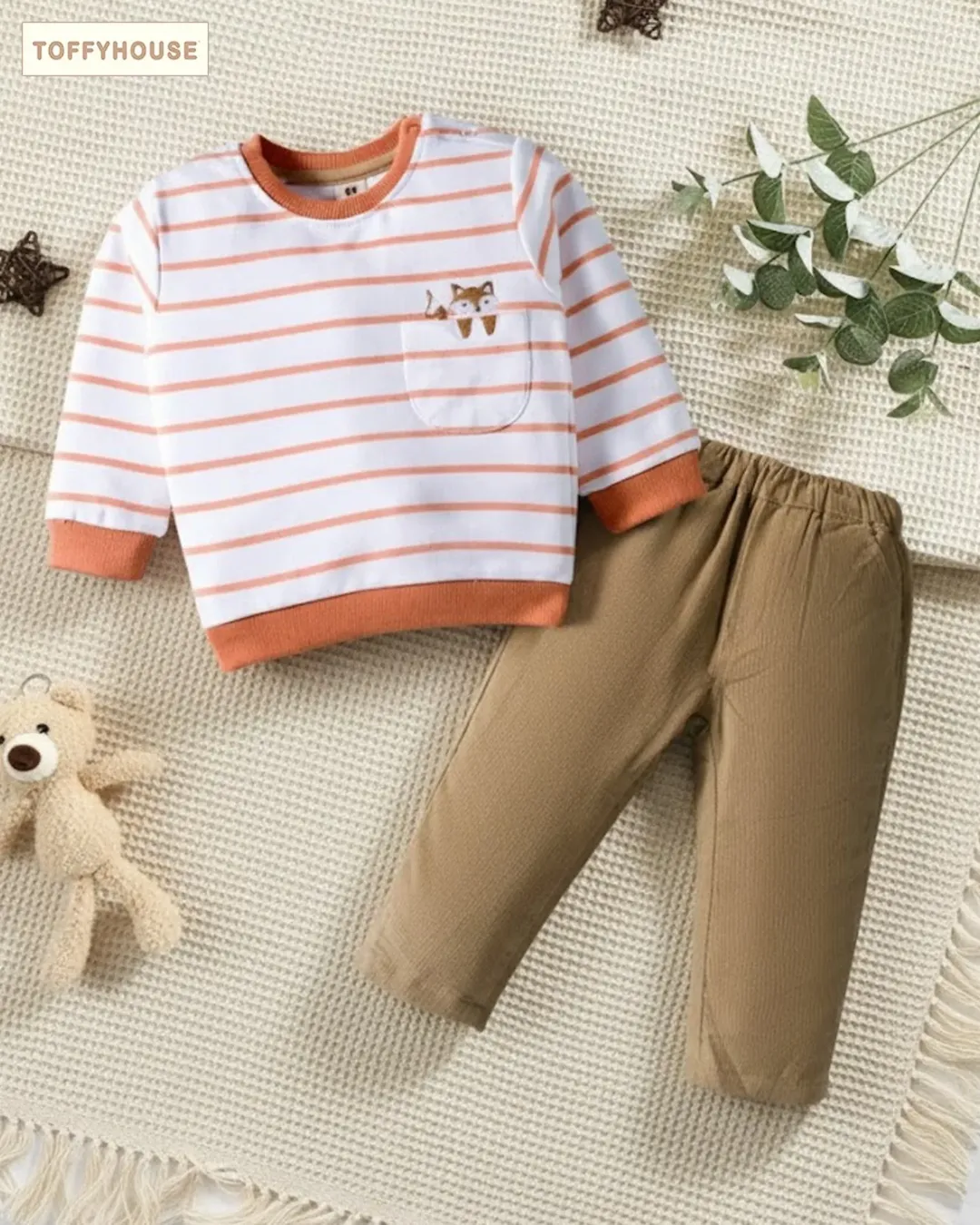 Striped Top & Khaki Pants Set Image