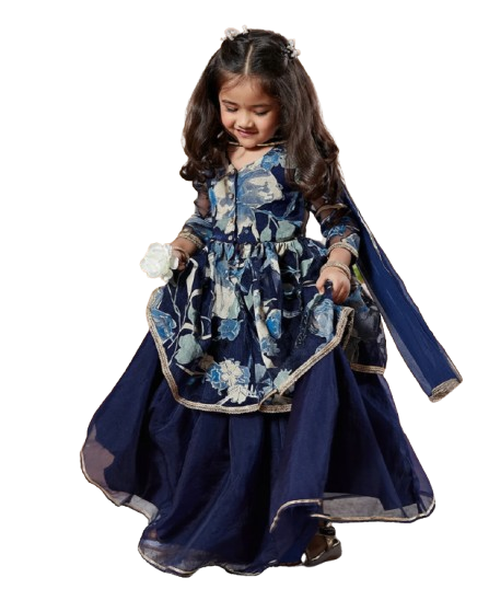 Girl’s Navy Floral Anarkali Kurta & Lehenga Set with Dupatta Image